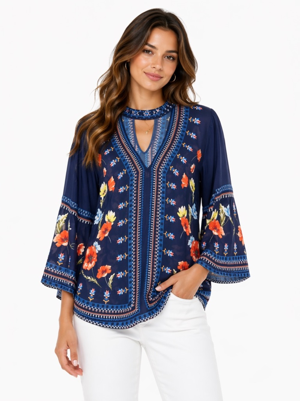 EUC Jealous Tomato Size Medium Floral Embroidered Women's Top - Blue and Orange